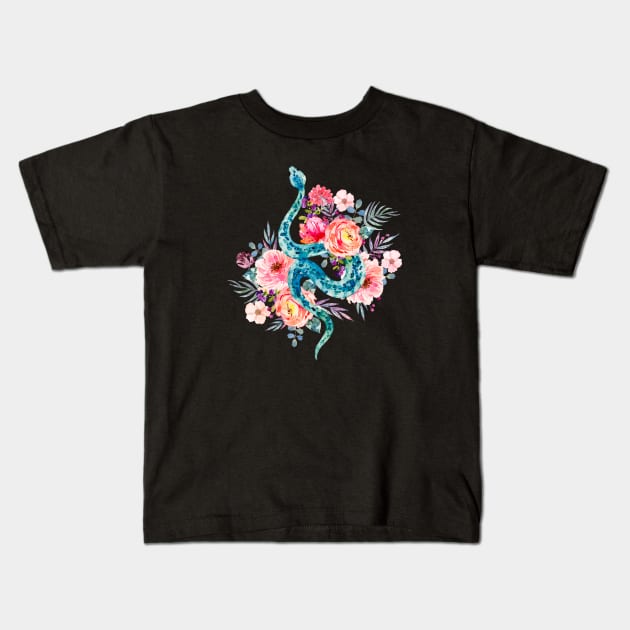 Blue Watercolor Snake In The Flower Garden Kids T-Shirt by LittleBunnySunshine